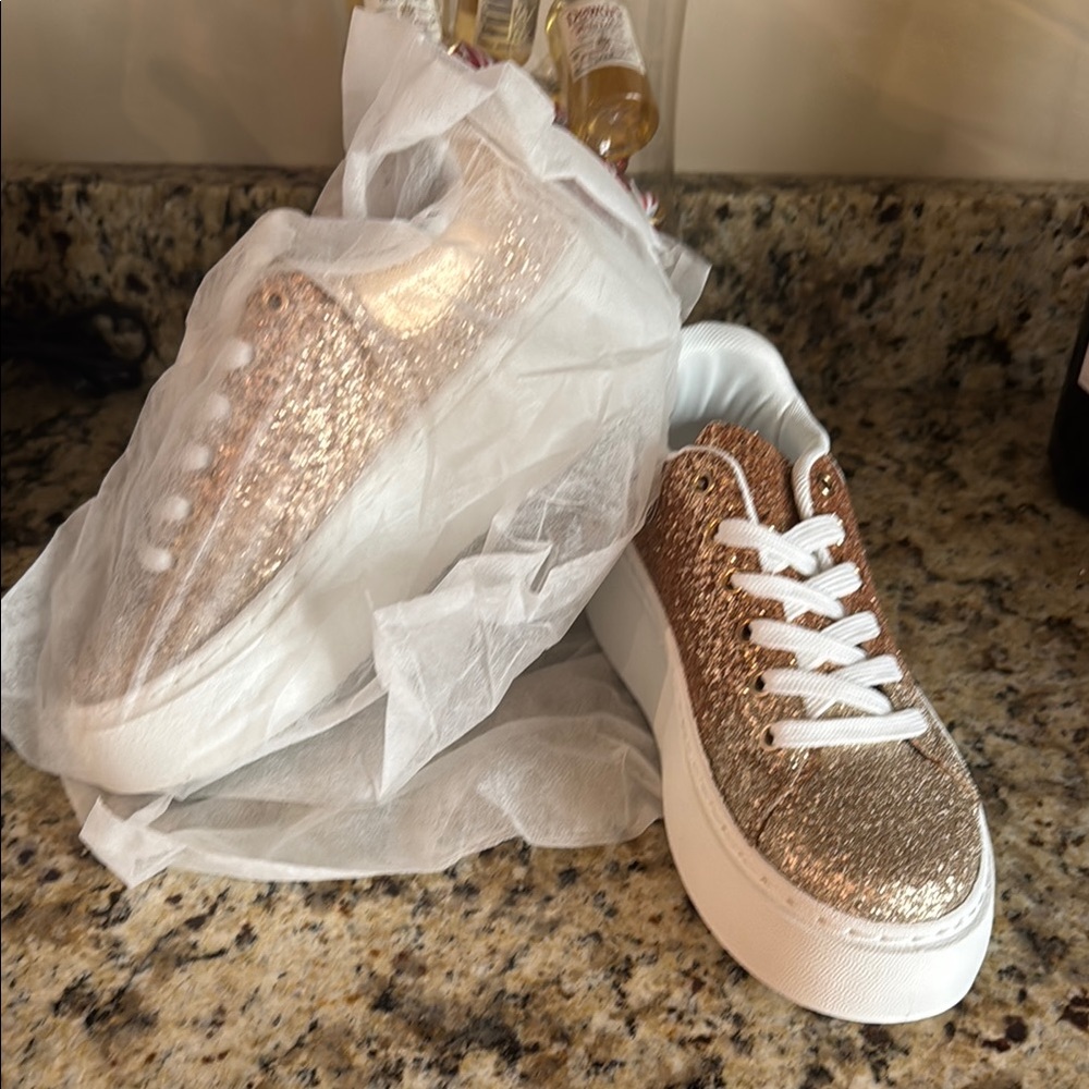 New York & Company Gold and White Rhinestone Sneakers